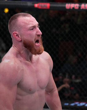 Joe Pyfer reacts after submitting Abdul Razak Alhassan of Ghana in a middleweight fight during the UFC Fight Night weigh-in at UFC APEX on October 07, 2023 in Las Vegas, Nevada. (Photo by Al Powers/Zuffa LLC)