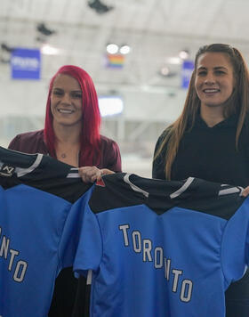 Gillian Robertson and Jasmine Jasudavicius attend a PWHL game in Toronto, Canada on January 17, 2024. (Photo by Maddyn Johnstone-Thomas/Zuffa LLC)