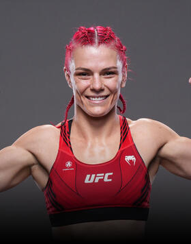 Gillian Robertson of Canada poses for a post fight portrait backstage during the UFC Fight Night event at T-Mobile Center on April 15, 2023 in Kansas City, Missouri. (Photo by Mike Roach/Zuffa LLC)