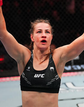 Jasmine Jasudavicius of Canada reacts after her submission victory against Priscila Cachoeira of Brazil in a bantamweight bout during the UFC 297 event at Scotiabank Arena on January 20, 2024 in Toronto, Ontario. (Photo by Jeff Bottari/Zuffa LLC)