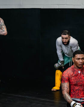 Belal Muhammad, Ignacio Bahamondes, and Michael Morales training in Valle Flow Striking in Chicago, Illinois, on January 20, 2024. (Zac Pacleb/Zuffa LLC)