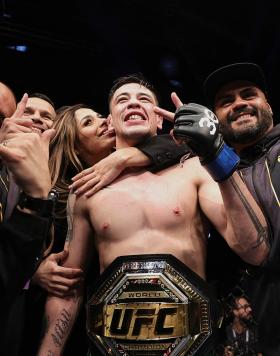 Brandon Moreno of Mexico reacts after his victory over Deiveson Figueiredo of Brazil in the UFC flyweight championship fight during the UFC 283 event at Jeunesse Arena on January 21, 2023 in Rio de Janeiro, Brazil. (Photo by Buda Mendes/Zuffa LLC