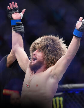 Merab Dvalishvili of Georgia reacts after defeating Jose Aldo of Brazil in a bantamweight fight during the UFC 278 event at Vivint Arena on August 20, 2022 in Salt Lake City, Utah. (Photo by Chris Unger/Zuffa LLC)