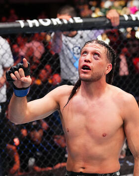 Brian Ortega reacts after defeating Yair Rodriguez of Mexico in a featherweight fight during the UFC Fight Night event at Arena CDMX on February 24, 2024 in Mexico City, Mexico. (Photo by Josh Hedges/Zuffa LLC)