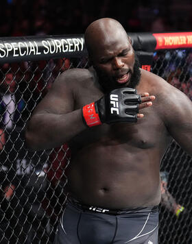 Jairzinho Rozenstruik of Suriname reacts after defeating Chris Daukaus in a heavyweight fight during the UFC 282 event at T-Mobile Arena on December 10, 2022 in Las Vegas, Nevada. (Photo by Chris Unger/Zuffa LLC)