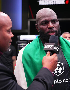 Jairzinho Rozenstruik of Suriname reacts after his victory against Shamil Gaziev of Russia in a heavyweight bout during the UFC Fight Night event at UFC APEX on March 02, 2024 in Las Vegas, Nevada. (Photo by Jeff Bottari/Zuffa LLC)