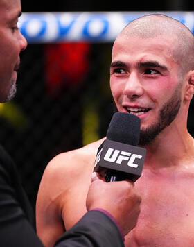 Muhammad Mokaev of Russia reacts after his victory against Alex Perez in a flyweight bout during the UFC Fight Night event at UFC APEX on March 02, 2024 in Las Vegas, Nevada. (Photo by Jeff Bottari/Zuffa LLC)