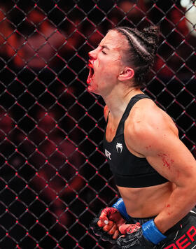 Maycee Barber celebrates her TKO victory over Amanda Ribas of Brazil in their women's flyweight fight during the UFC Fight Night event at Vystar Veterans Memorial Arena on June 24, 2023 in Jacksonville, Florida. (Photo by Josh Hedges/Zuffa LLC)