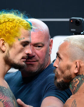 Sean O'Malley and Marlon Vera of Ecuador face off during the UFC 252 weigh-in at UFC APEX on August 14, 2020 in Las Vegas, Nevada. (Photo by Chris Unger/Zuffa LLC)