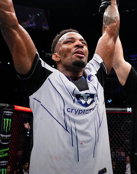 Lerone Murphy of England reacts after his victory over Gabriel Santos of Brazil in a featherweight fight during the UFC 286 event at The O2 Arena on March 18, 2023 in London, England. (Photo by Jeff Bottari/Zuffa LLC)