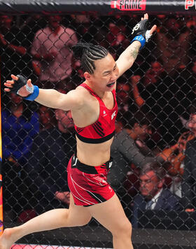 Yan Xiaonan of China reacts after her knockout victory over Jessica Andrade of Brazil in a strawweight fight during the UFC 288 event at Prudential Center on May 06, 2023 in Newark, New Jersey. (Photo by Chris Unger/Zuffa LLC)