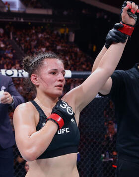 Erin Blanchfield reacts after her victory over Taila Santos of Brazil in a flyweight bout during the UFC Fight Night event at Singapore Indoor Stadium on August 26, 2023 in Singapore. (Photo by Suhaimi Abdullah/Zuffa LLC)