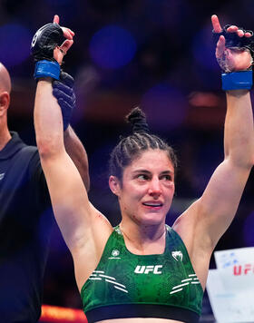 Loopy Godinez of Mexico has her hand raised after defeating Tabatha Ricci of Brazil in a strawweight fight during the UFC 295 event at Madison Square Garden on November 11, 2023 in New York City. (Photo by Jeff Bottari/Zuffa LLC)