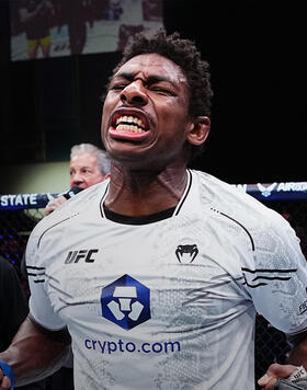 Joaquin Buckley reacts after his TKO victory against Vicente Luque in a welterweight bout during the UFC Fight Night event at Boardwalk Hall Arena on March 30, 2024 in Atlantic City, New Jersey. (Photo by Jeff Bottari/Zuffa LLC)