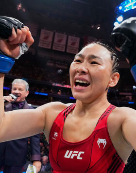 Yan Xiaonan of China reacts after her knockout victory over Jessica Andrade of Brazil in a strawweight fight during the UFC 288 event at Prudential Center on May 06, 2023 in Newark, New Jersey. (Photo by Chris Unger/Zuffa LLC