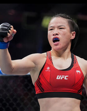 Zhang Weili of China reacts after defeating Carla Esparza in the UFC strawweight championship bout during the UFC 281 event at Madison Square Garden on November 12, 2022 in New York City. (Photo by Chris Unger/Zuffa LLC)