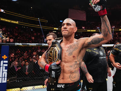 Alex Pereira of Brazil reacts to his win in the UFC light heavyweight championship fight during the UFC 300 event at T-Mobile Arena on April 13, 2024 in Las Vegas, Nevada. (Photo by Jeff Bottari/Zuffa LLC)