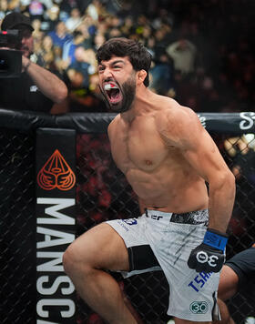 Arman Tsarukyan of Georgia reacts after his KO victory over Beneil Dariush of Iran in a lightweight fight during the UFC Fight Night event at Moody Center on December 02, 2023 in Austin, Texas. (Photo by Cooper Neill/Zuffa LLC)