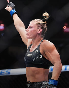 Kayla Harrison reacts to the end of the round in a bantamweight fight during the UFC 300 event at T-Mobile Arena on April 13, 2024 in Las Vegas, Nevada. (Photo by Chris Unger/Zuffa LLC)