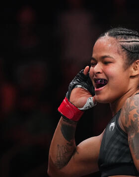 Karine Silva of Brazil reacts after her submission victory over Maryna Moroz of Ukraine in a flyweight fight during the UFC 292 event at TD Garden on August 19, 2023 in Boston, Massachusetts. (Photo by Cooper Neill/Zuffa LLC)