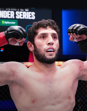 Ikram Aliskerov of Russia reacts after his submission victory over Mario Sousa of Brazil in a middleweight fight during Dana White's Contender Series season six, week eight at UFC APEX on September 13, 2022 in Las Vegas, Nevada. (Photo by Chris Unger/Zuffa LLC)