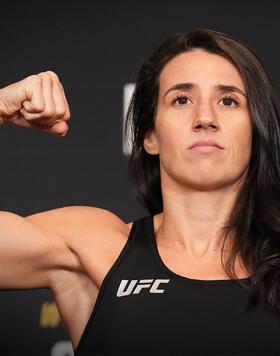 Marina Rodriguez of Brazil poses on the scale during the UFC 288 official weigh-in at Hyatt Regency hotel on May 05, 2023 in Morristown, New Jersey. (Photo by Chris Unger/Zuffa LLC via Getty Images)