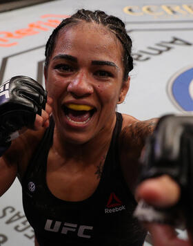 Viviane Araujo of Brazil reacts after her TKO victory over Talita Bernardo of Brazil in their women's bantamweight bout during the UFC 237 event at Jeunesse Arena on May 11, 2019 in Rio De Janeiro, Brazil. (Photo by Buda Mendes/Zuffa LLC/Zuffa LLC)