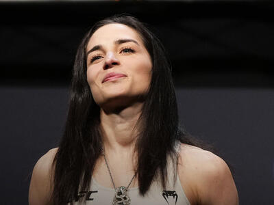 Veronica Hardy of Venezuela poses on the scale during the UFC 286 ceremonial weigh-in at The O2 Arena on March 17, 2023 in London, England. (Photo by Jeff Bottari/Zuffa LLC via Getty Images)