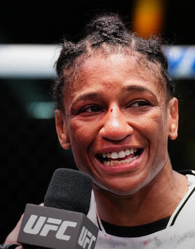 Angela Hill reacts after her submission victory against Luana Pinheiro of Brazil in a strawweight fight during the UFC Fight Night event at UFC APEX on May 18, 2024 in Las Vegas, Nevada. (Photo by Chris Unger/Zuffa LLC)