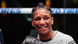 Angela Hill reacts after her submission victory against Luana Pinheiro of Brazil in a strawweight fight during the UFC Fight Night event at UFC APEX on May 18, 2024 in Las Vegas, Nevada. (Photo by Chris Unger/Zuffa LLC)