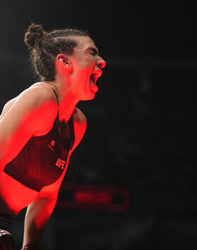 Mackenzie Dern reacts after her victory over Tecia Torres in their strawweight fight during the UFC 273 event at VyStar Veterans Memorial Arena on April 09, 2022 in Jacksonville, Florida. (Photo by Cooper Neill/Zuffa LLC)