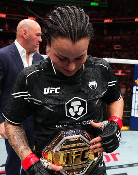 Raquel Pennington reacts after her victory against Mayra Bueno Silva of Brazil in a UFC bantamweight championship bout during the UFC 297 event at Scotiabank Arena on January 20, 2024 in Toronto, Ontario. (Photo by Jeff Bottari/Zuffa LLC)