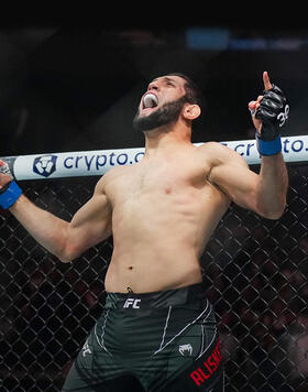 Ikram Aliskerov of Russia reacts after his knockout victory over Phil Hawes in a middleweight fight during the UFC 288 event at Prudential Center on May 06, 2023 in Newark, New Jersey. (Photo by Cooper Neill/Zuffa LLC)