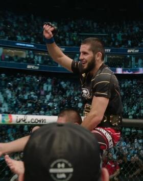 Islam Makhachev celebrates with Khabib Nurmagomedov