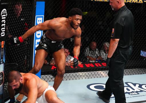 Oumar Sy of France reacts after his victory against Tuco Tokkos of England in a light heavyweight fight during the UFC Fight Night event at UFC APEX on May 18, 2024 in Las Vegas, Nevada. (Photo by Chris Unger/Zuffa LLC)