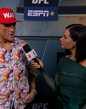 Dustin Poirier Speaks Backstage With Megan Olivi After His Loss to UFC Lightweight Champion Islam Makhachev At UFC 302, Inside the Prudential Center in Newark, New Jersey on June 1, 2024