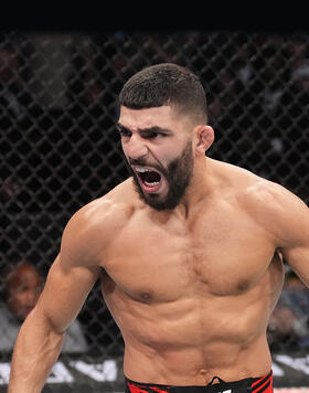 Amir Albazi of Iraq reacts after defeating Francisco Figueiredo of Brazil in a flyweight fight during the UFC 278 event at Vivint Arena on August 20, 2022 in Salt Lake City, Utah. (Photo by Josh Hedges/Zuffa LLC)