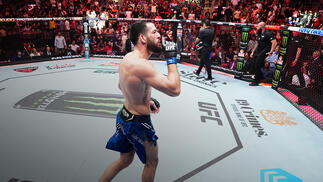 Nassourdine Imavov of Russia reacts after his victory against Jared Cannonier in a middleweight fight during the UFC Fight Night event at KFC YUM! Center on June 08, 2024 in Louisville, Kentucky. (Photo by Jeff Bottari/Zuffa LLC)