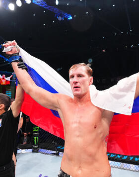 Alexander Volkov of Russia reacts after his victory against Sergei Pavlovich of Russia in a heavyweight fight during the UFC Fight Night event at Kingdom Arena on June 22, 2024 in Riyadh, Saudi Arabia. (Photo by Chris Unger/Zuffa LLC)