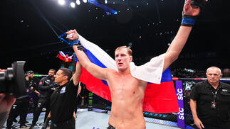 Alexander Volkov of Russia reacts after his victory against Sergei Pavlovich of Russia in a heavyweight fight during the UFC Fight Night event at Kingdom Arena on June 22, 2024 in Riyadh, Saudi Arabia. (Photo by Chris Unger/Zuffa LLC)