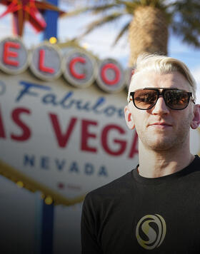 Dan Hooker poses for a photo in front of the Welcome to Fabulous Las Vegas sign during UFC International Fight Week on July 3, 2023 in Las Vegas, Nevada. (Photo by Chris Unger/Zuffa LLC)