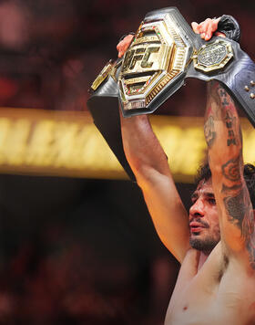 Alexandre Pantoja of Brazil reacts to his win in the UFC flyweight championship fight during the UFC 290 event at T-Mobile Arena on July 08, 2023 in Las Vegas, Nevada. (Photo by Chris Unger/Zuffa LLC)