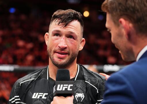 Julian Erosa is interviewed after his submission victory over Christian Rodriguez in a featherweight fight during the UFC Fight Night event at Ball Arena on July 13, 2024 in Denver, Colorado. (Photo by Josh Hedges/Zuffa LLC)