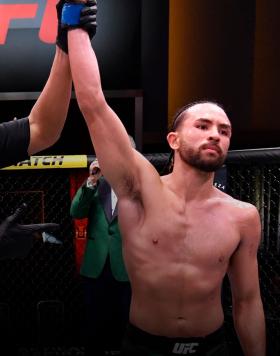 Kyler Phillips reacts after his victory over Song Yadong of China in their bantamweight fight during the UFC 259 event at UFC APEX on March 06, 2021 in Las Vegas, Nevada. (Photo by Jeff Bottari/Zuffa LLC)