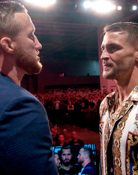 UFC lightweights Dustin Poirier and Justin Gaethje faceoff at the UFC 291 Press Conference.