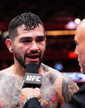 Anthony Hernandez reacts with Joe Rogan following his UFC 298 victory (Photo by Chris Unger/Zuffa LLC)