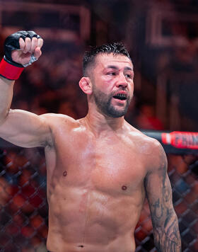 Pedro Munhoz celebrates after his fight with Chris Gutierrez in Kansas City, Missouri on April 15, 2023. (Photo by Nolan Walker / Zuffa LLC)