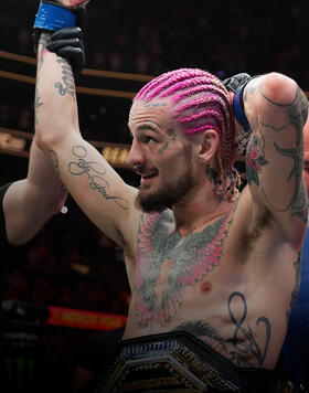 Sean O'Malley reacts after his knockout victory over Aljamain Sterling in the UFC bantamweight championship fight during the UFC 292 event at TD Garden on August 19, 2023 in Boston, Massachusetts. (Photo by Cooper Neill/Zuffa LLC)