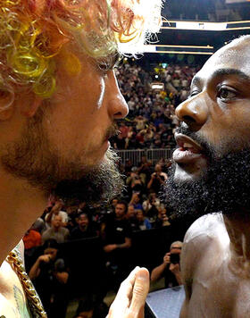 Aljamain Sterling and Sean O'Malley face off during the UFC 292 ceremonial weigh-in at TD Garden on August 18, 2023 in Boston, Massachusetts.