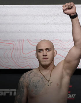 Serghei Spivac of Moldova poses on the scale during the UFC weigh-in at UFC APEX on February 03, 2023 in Las Vegas, Nevada. (Photo by Jeff Bottari/Zuffa LLC via Getty Images)